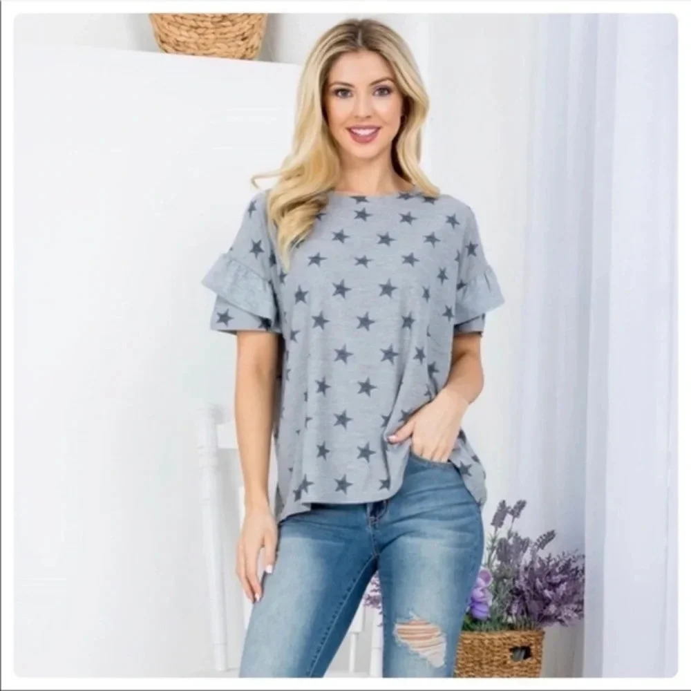 Chris & Carol Star Print Ruffle Sleeve Top — Gray Blue Patriotic Tee